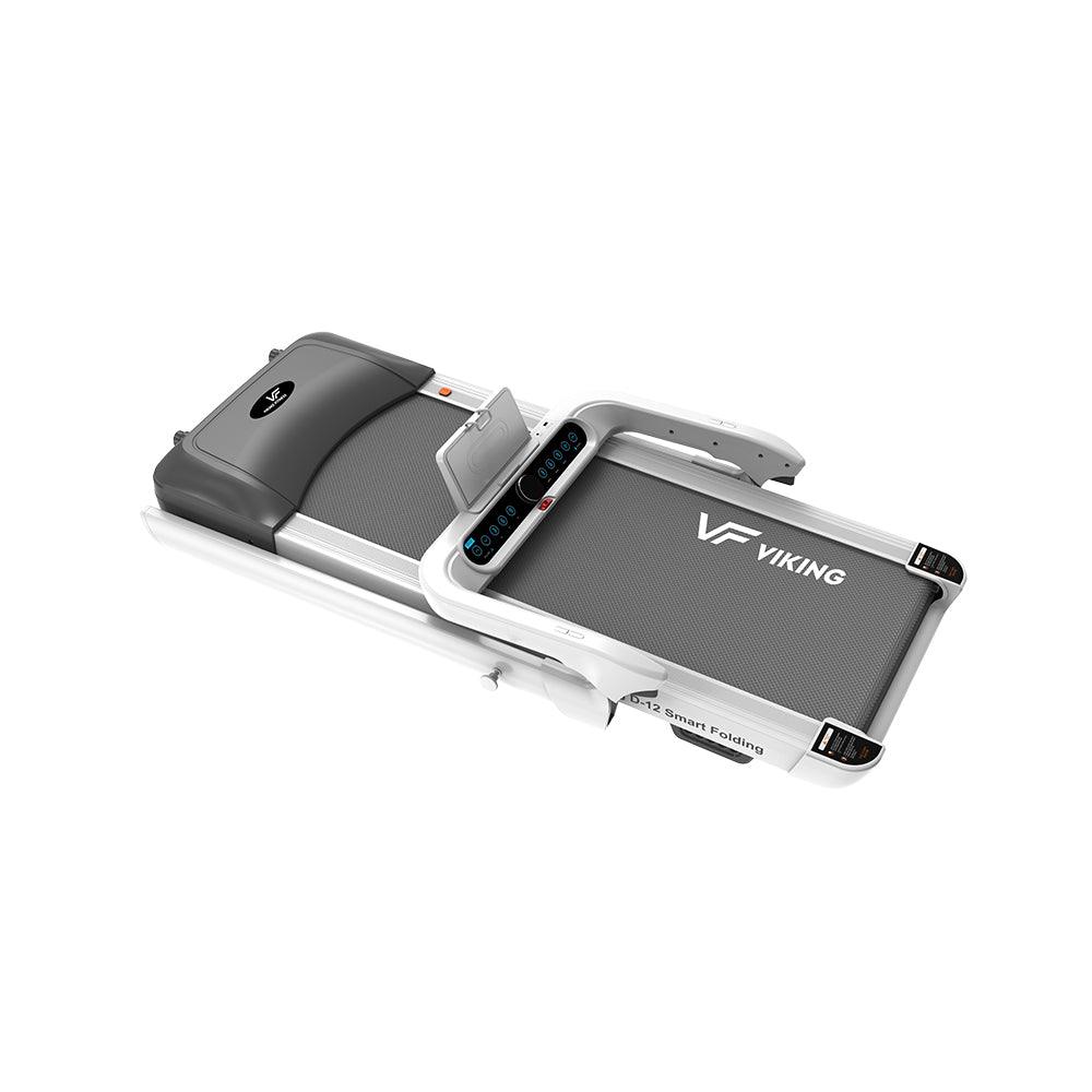 VIKING FITNESS D-12 Smart Folding Treadmill in folded position, showcasing space-saving design and digital control panel.