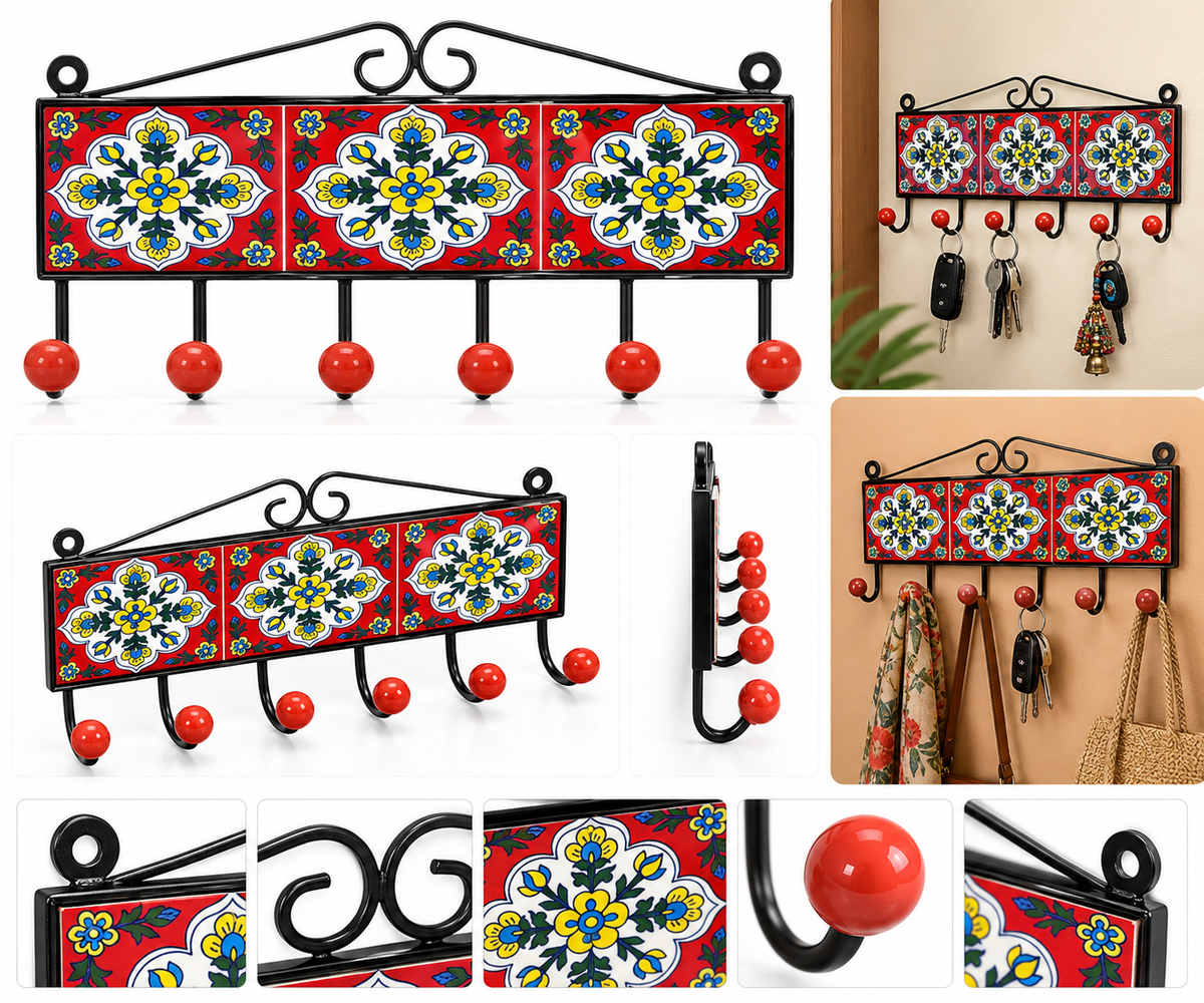 Decorative floral wall hanger with six hooks, featuring red ceramic tiles and black metal, ideal for home decor.