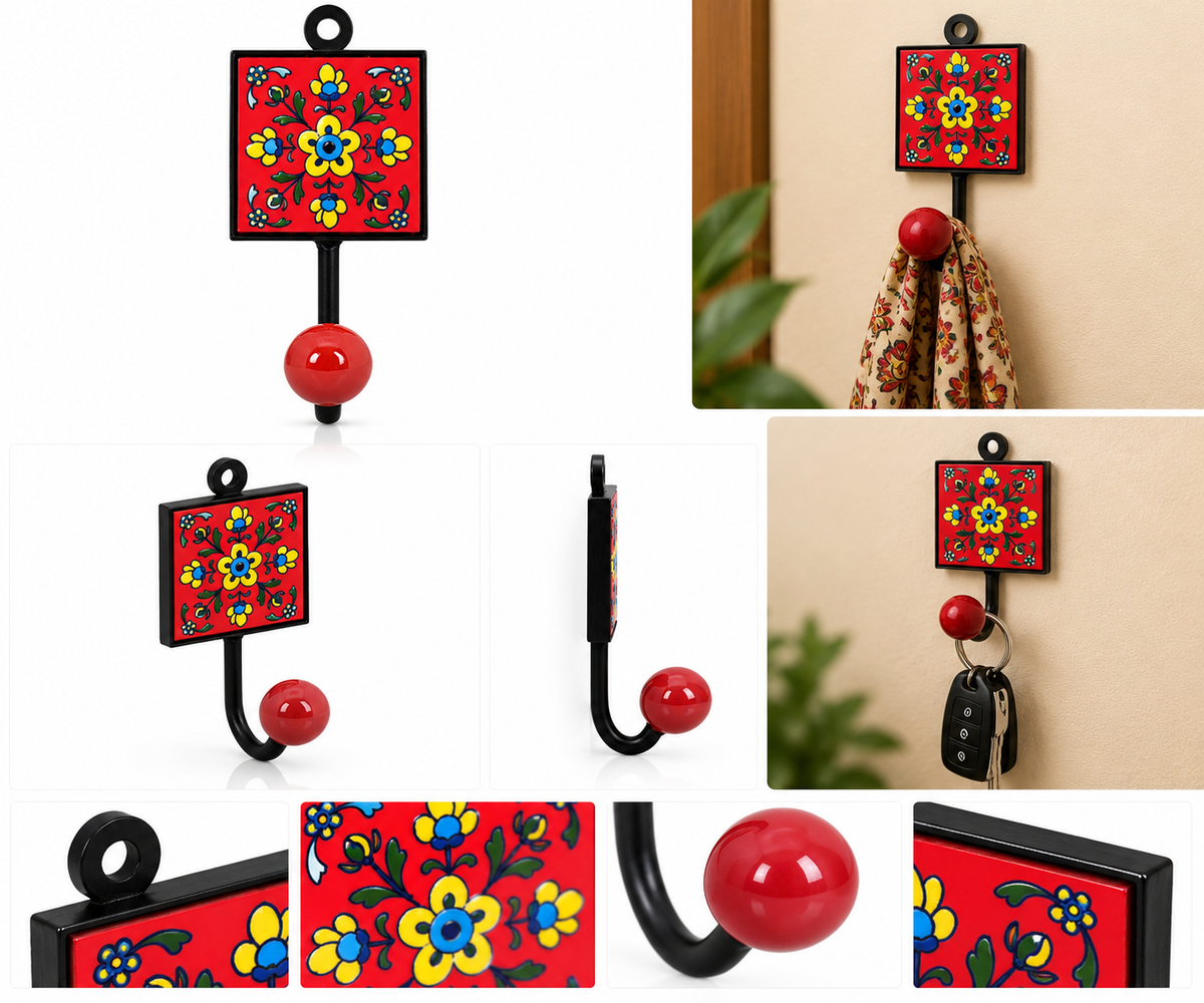 Handcrafted red floral ceramic and metal single wall hook for home decor, featuring intricate Indian floral design.