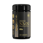 Liposomal NMN supplement by Herbalistas in vegan capsules, shown in a clear bottle with label and capsules inside.