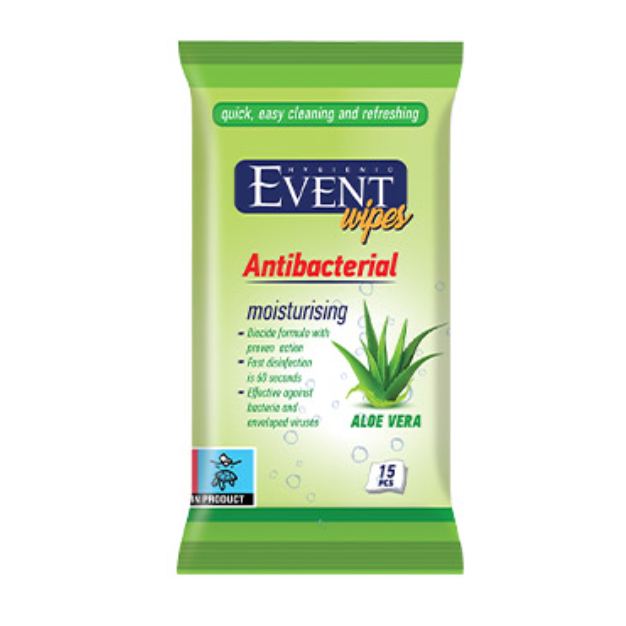 Event antibacterial wet wipes with aloe vera, 15-piece pack, moisturizing and suitable for hand and surface cleaning.
