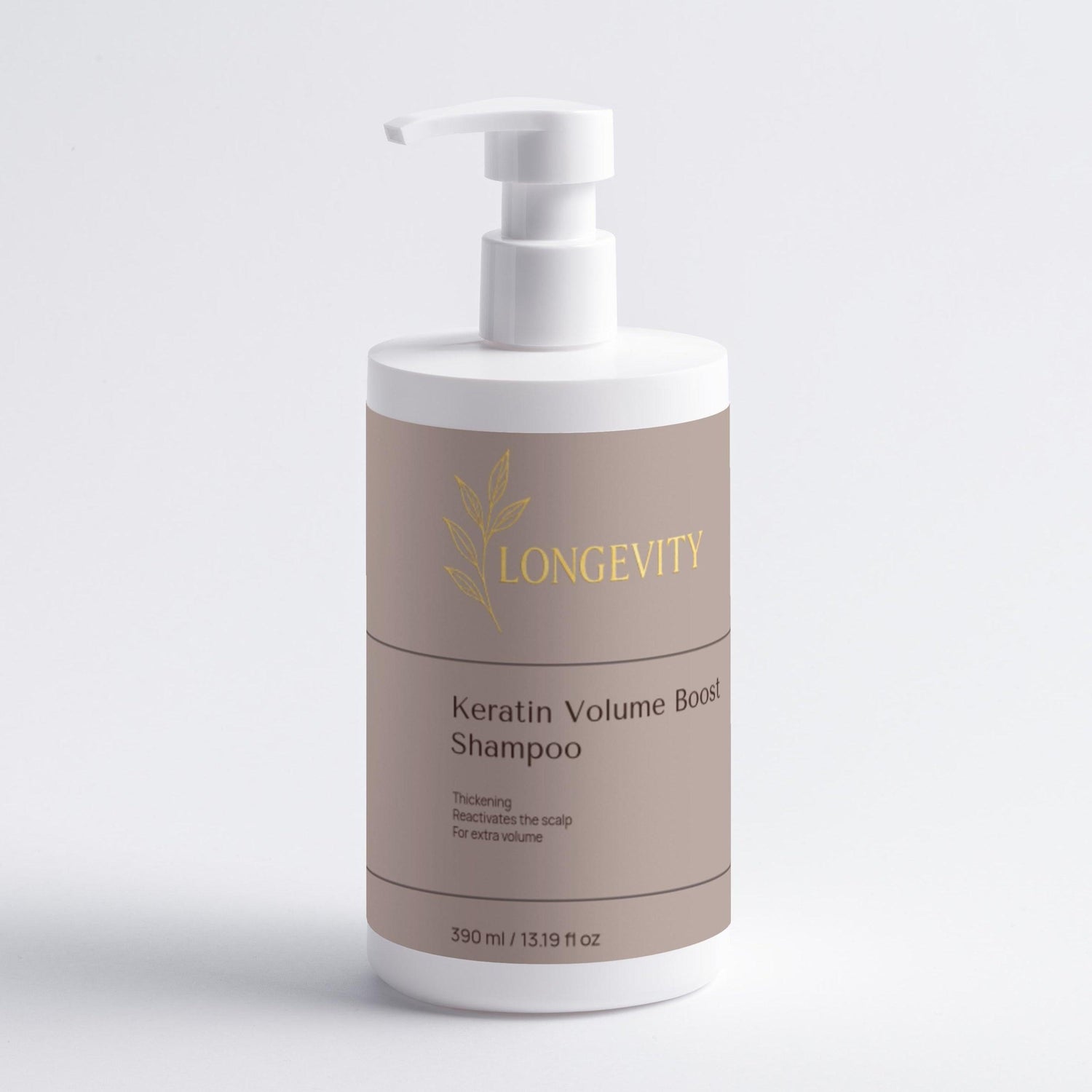 SELFNAMED Keratin Volume Boost Shampoo bottle, 390 ml, with label visible, showcasing sleek design and product details.