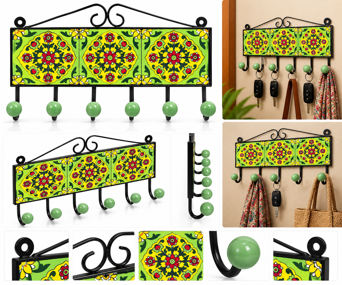 Hand-painted green and yellow floral wall hook rack with six hooks, ideal for home decor and organization.