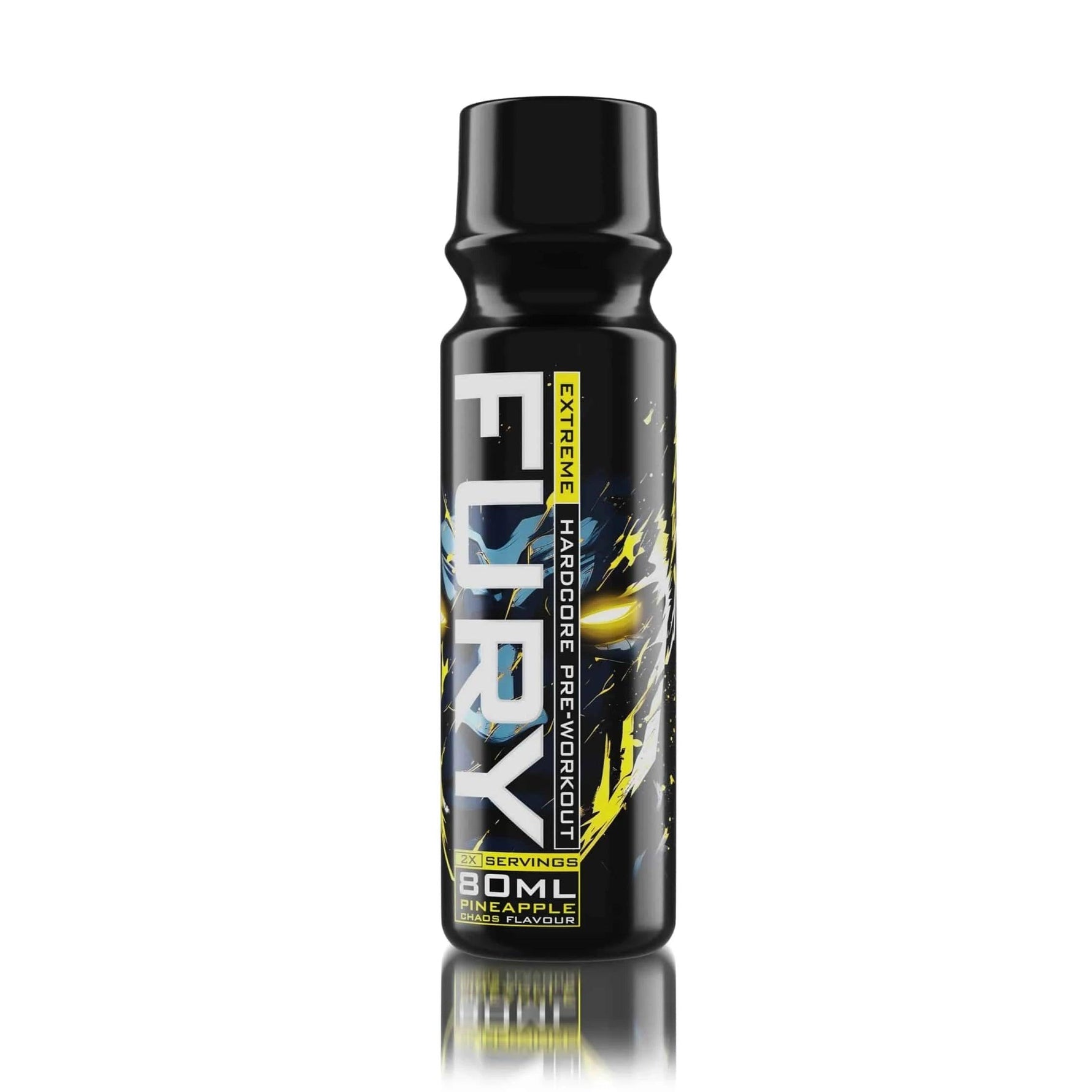 Genius Nutrition Fury Extreme Shot 80ml energy drink with pineapple flavor, featuring a small, sleek bottle with vibrant label design.