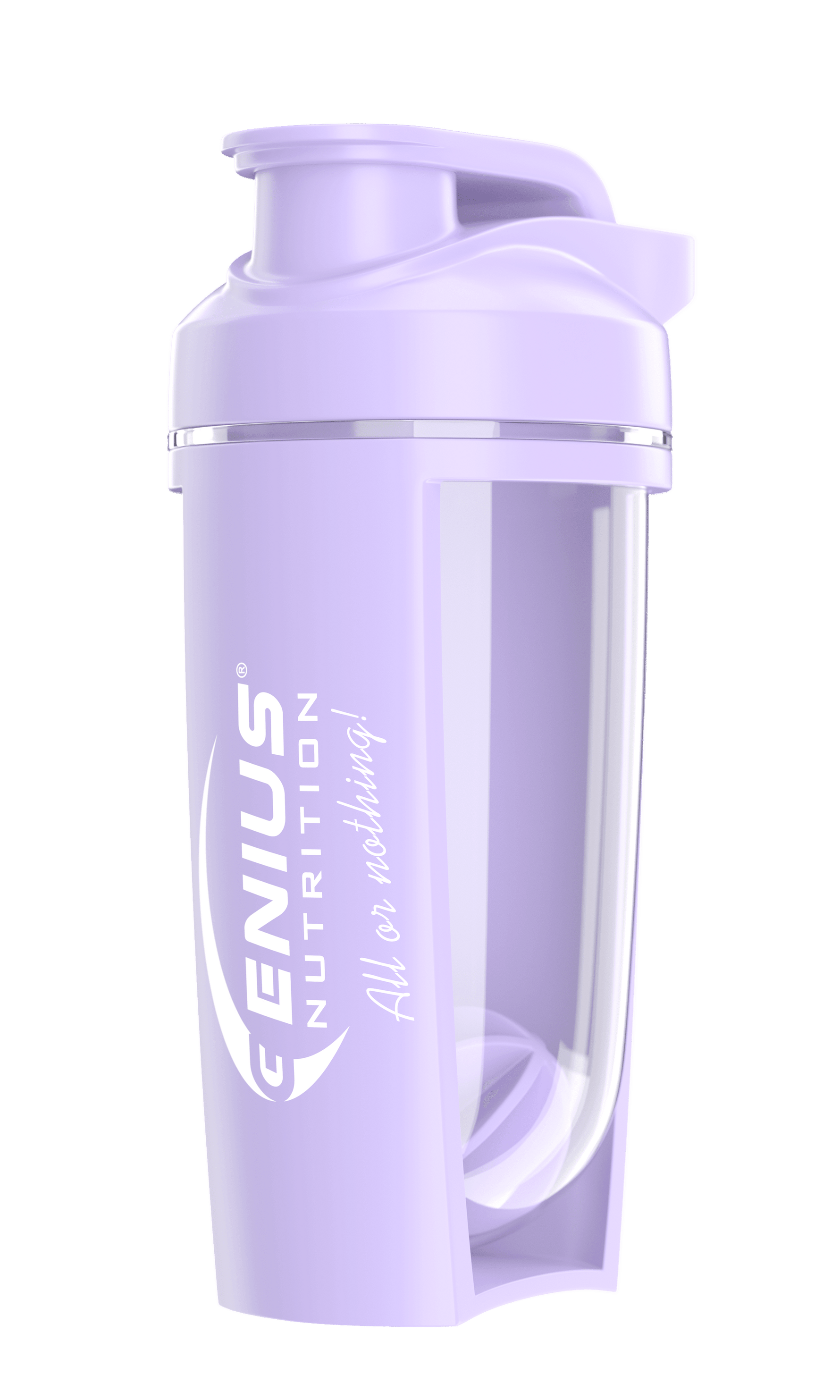 Purple G-SHAKER 500ML Genius Nutrition shaker bottle with a secure lid and mixing ball for smoothies and protein drinks.