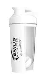 White G-SHAKER 500ML from Genius Nutrition, a sleek shaker bottle with a secure lid and mixing ball, perfect for fitness drinks.