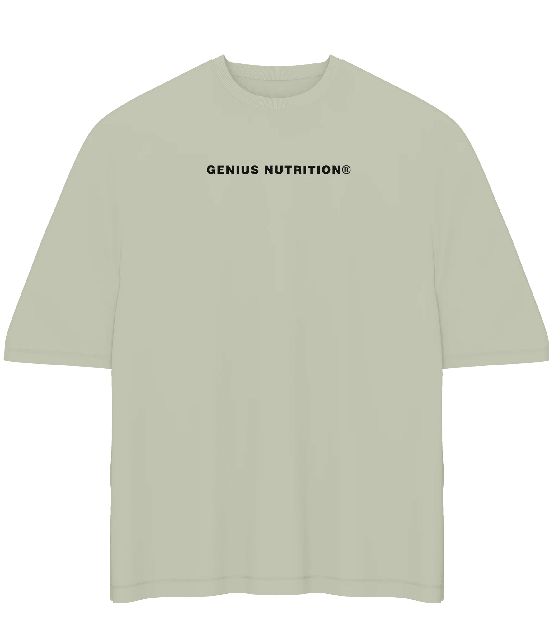 Genius Nutrition oversized khaki green T-shirt in XL, casual fit, soft fabric, displayed flat with front view.
