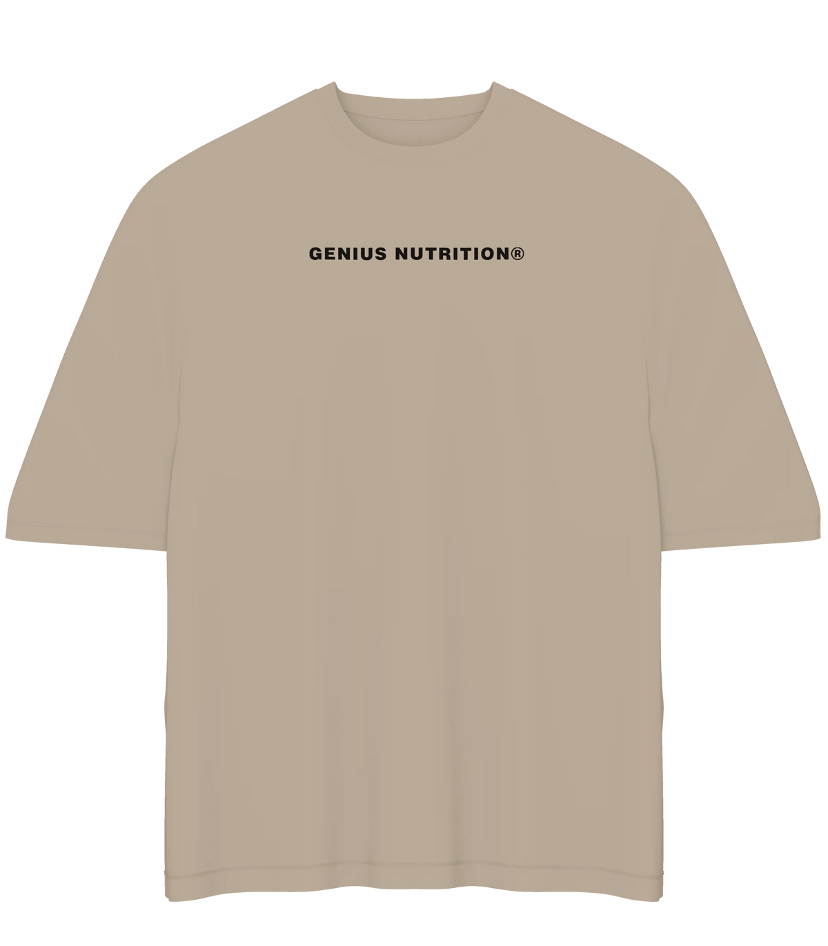 Genius Nutrition oversized T-shirt in sand color, XL size, casual fit, soft fabric, front logo design, displayed on a plain background.