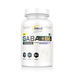 Genius Nutrition GABA+B6 supplement bottle with 90 capsules, showing the label and product packaging.
