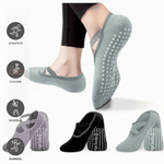 Three pairs of colorful yoga socks with non-slip grips for Pilates and yoga, featuring breathable fabric and flexible fit.