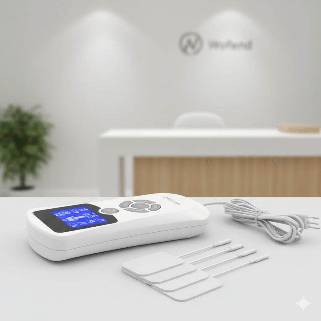 Rechargeable handheld massager by TEMU with adjustable settings, designed for portable pain relief and relaxation.
