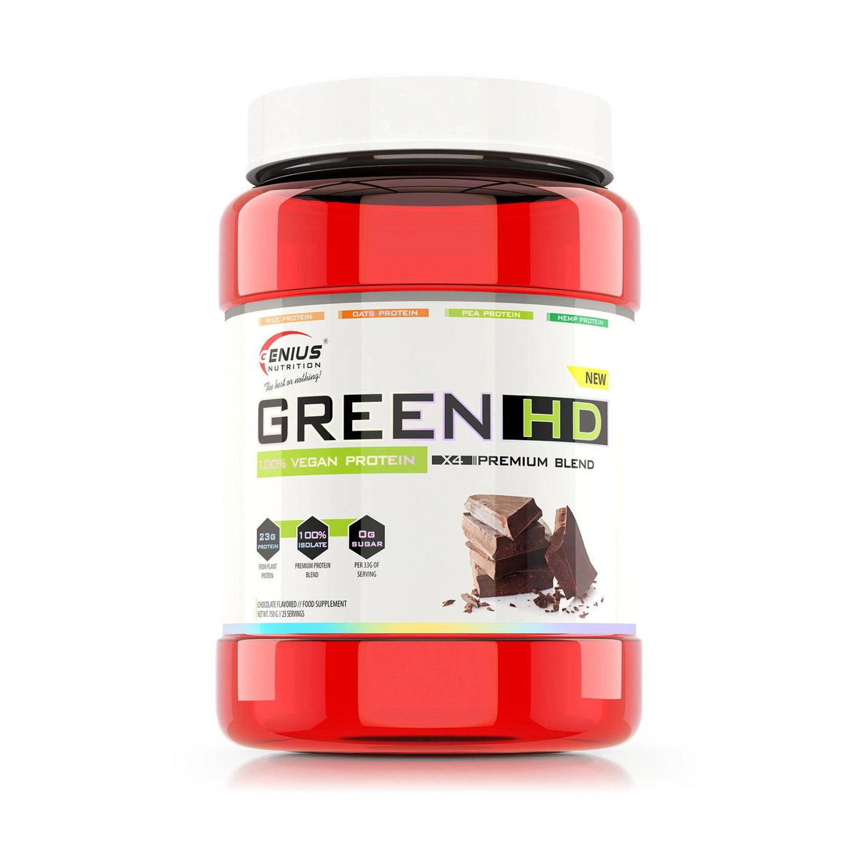 Vegan Protein Green-HD from Genius Nutrition in 750g packaging, showing the green protein powder in a container.