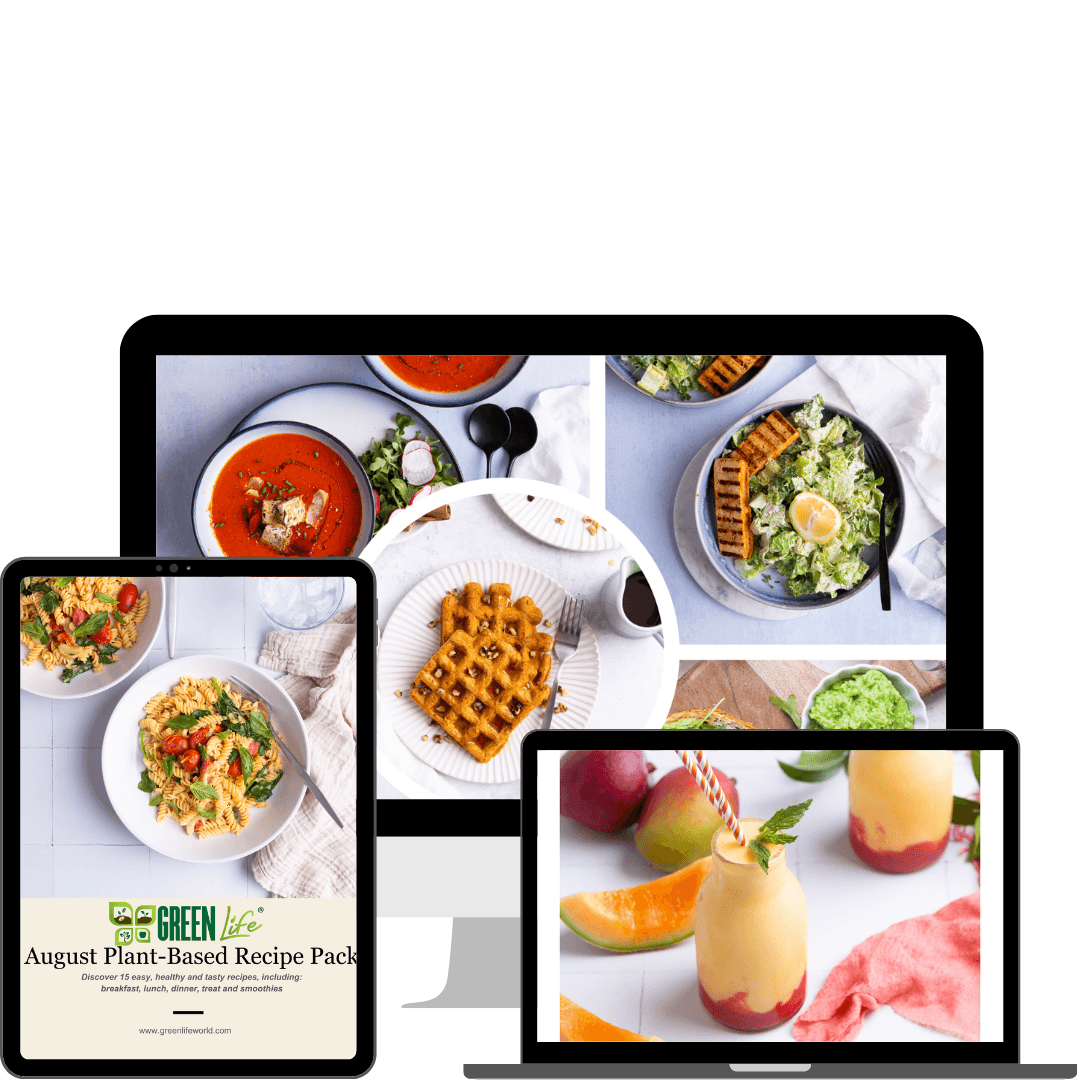 Green Life 15 Vegan Recipe Book Vol.8 by GREEN LIFE BOOKS, featuring colorful pages of plant-based recipes and culinary tips.