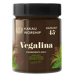 Kakau Worship Vegalina Classic hazelnut spread jar, 350g, showing the smooth, creamy hazelnut spread with a spoon.
