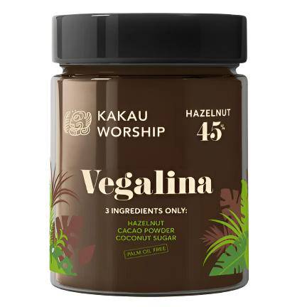 Kakau Worship Vegalina Classic hazelnut spread jar, 350g, showing the smooth, creamy hazelnut spread with a spoon.