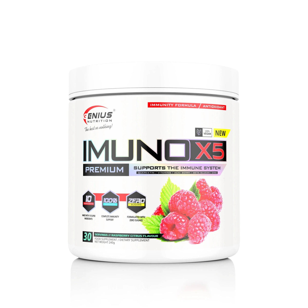 Genius Nutrition IMUNO-X5 supplement powder 240g jar, dietary supplement with immune support, close-up of the product container.
