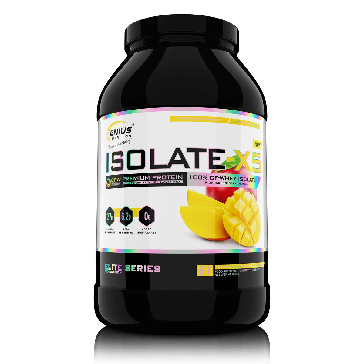Genius Nutrition ISOLATE-X5 Mango Shake protein powder in 2000g container, ready to mix for a nutritious protein boost.