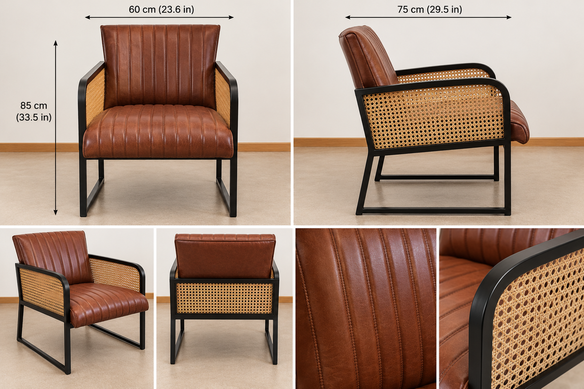 Vintage style leather armchair by homes, showcasing a classic leather and rattan design perfect for home decor accents.