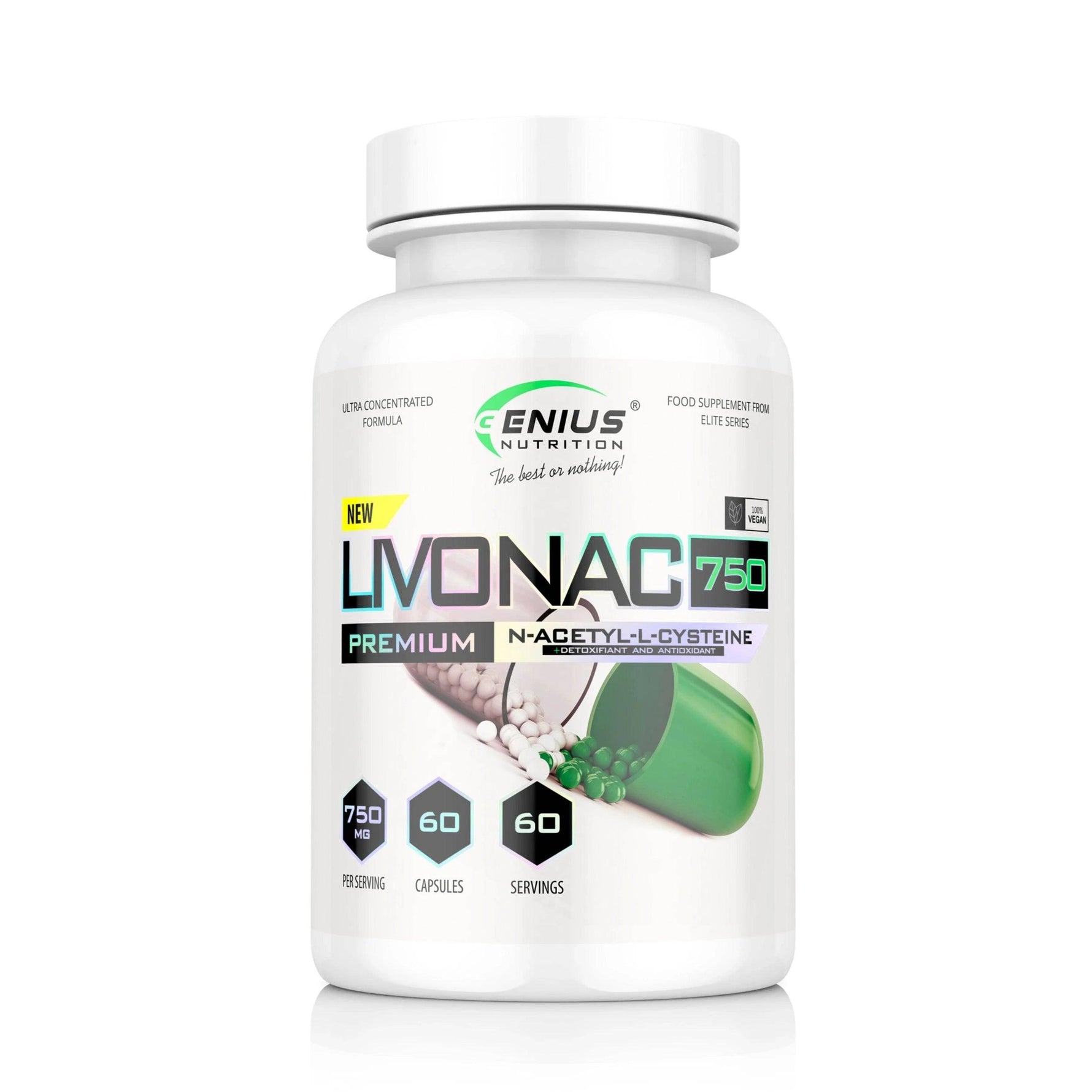 Genius Nutrition Livonac750 supplement bottle with 60 capsules, close-up of the product label and caps.