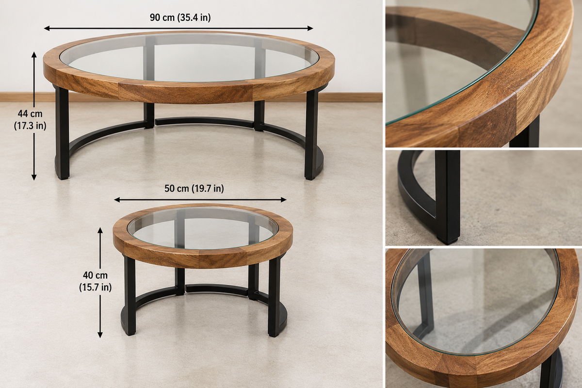 Set of 2 mango wood and glass round coffee tables with black metal frames, nesting design for stylish home decor.