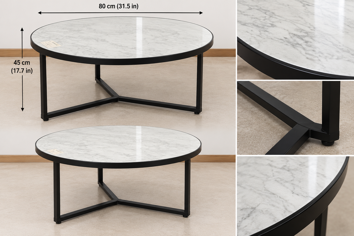 Round white marble coffee table with a black metal frame, modern and stylish home decor for contemporary living rooms.