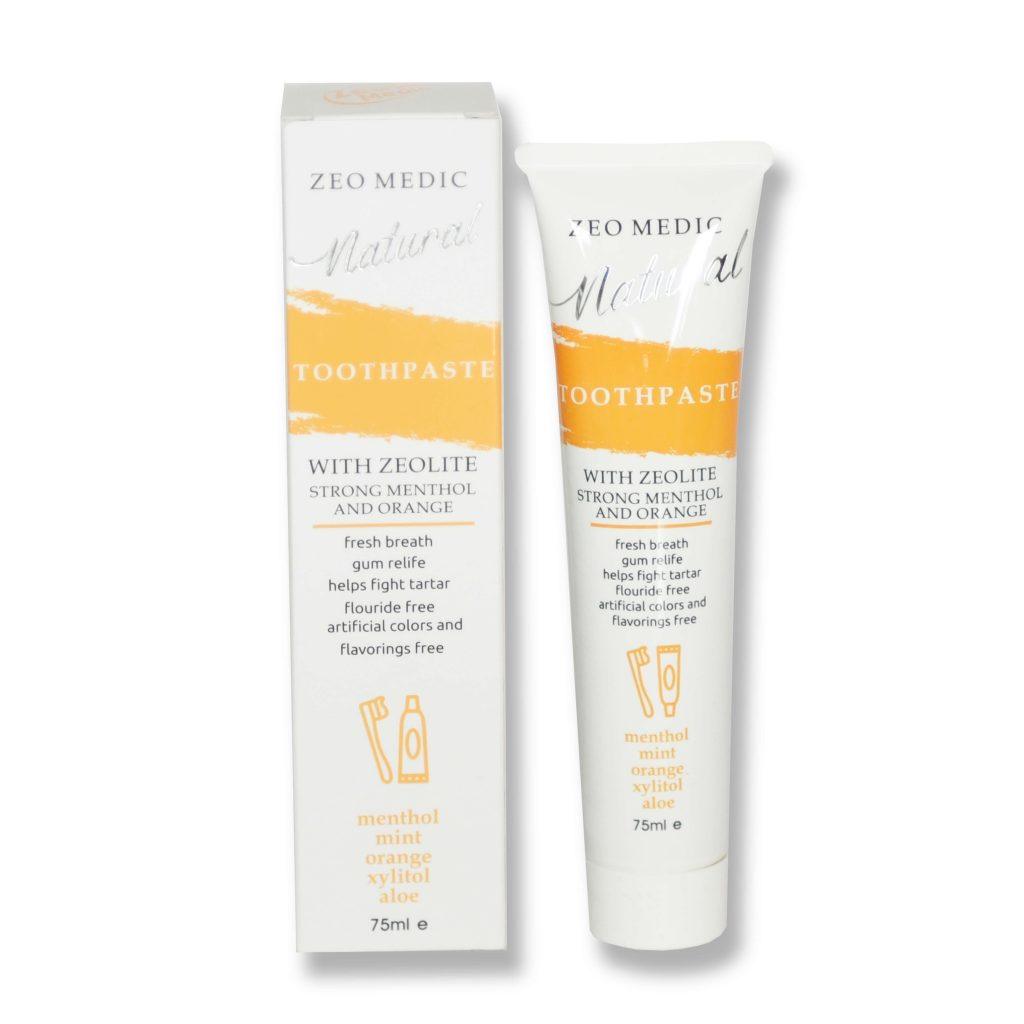 ZEO-MEDIC Natural Toothpaste with Zeolite and Xylitol in orange, menthol, and mint for fresh, powerful oral hygiene.