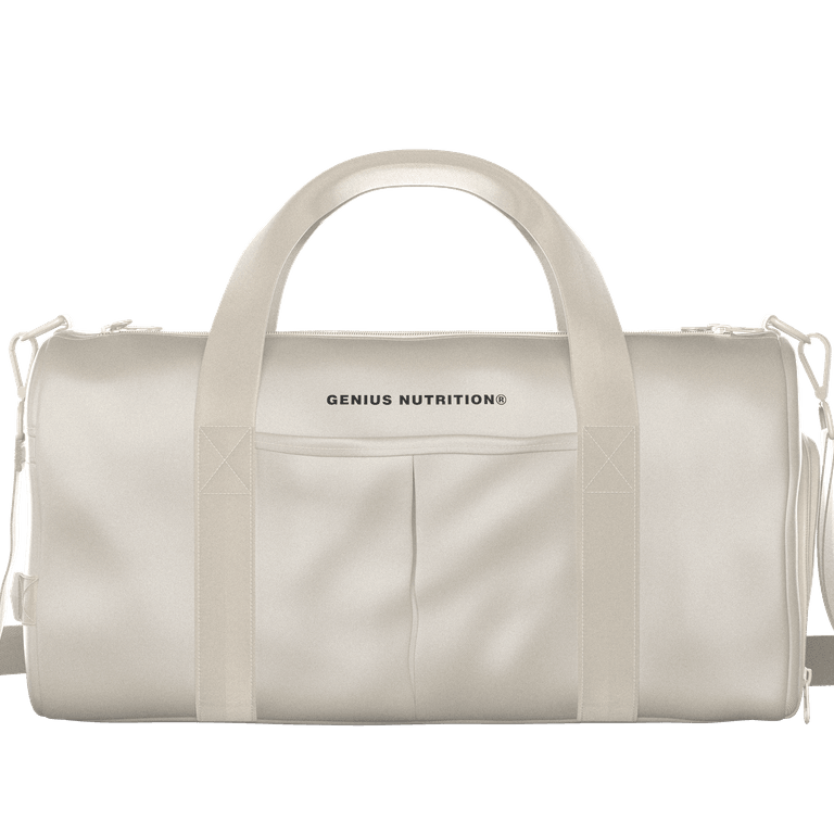 Genius Nutrition Sport Bag in cream color with logo, durable design for gym and sports gear storage.