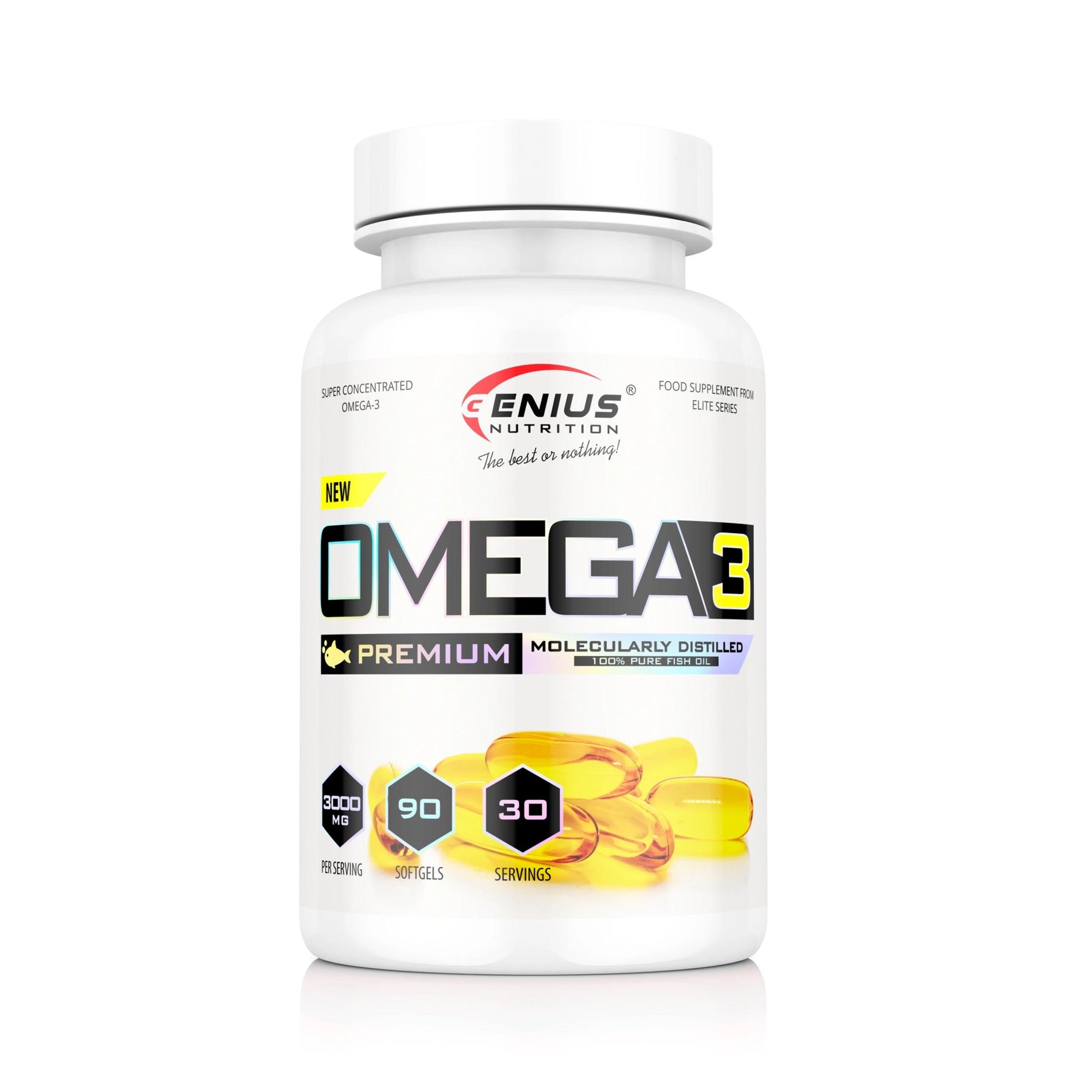 Bottle of Genius Nutrition Omega-3 90 softgels supplement with softgel capsules on a white background.