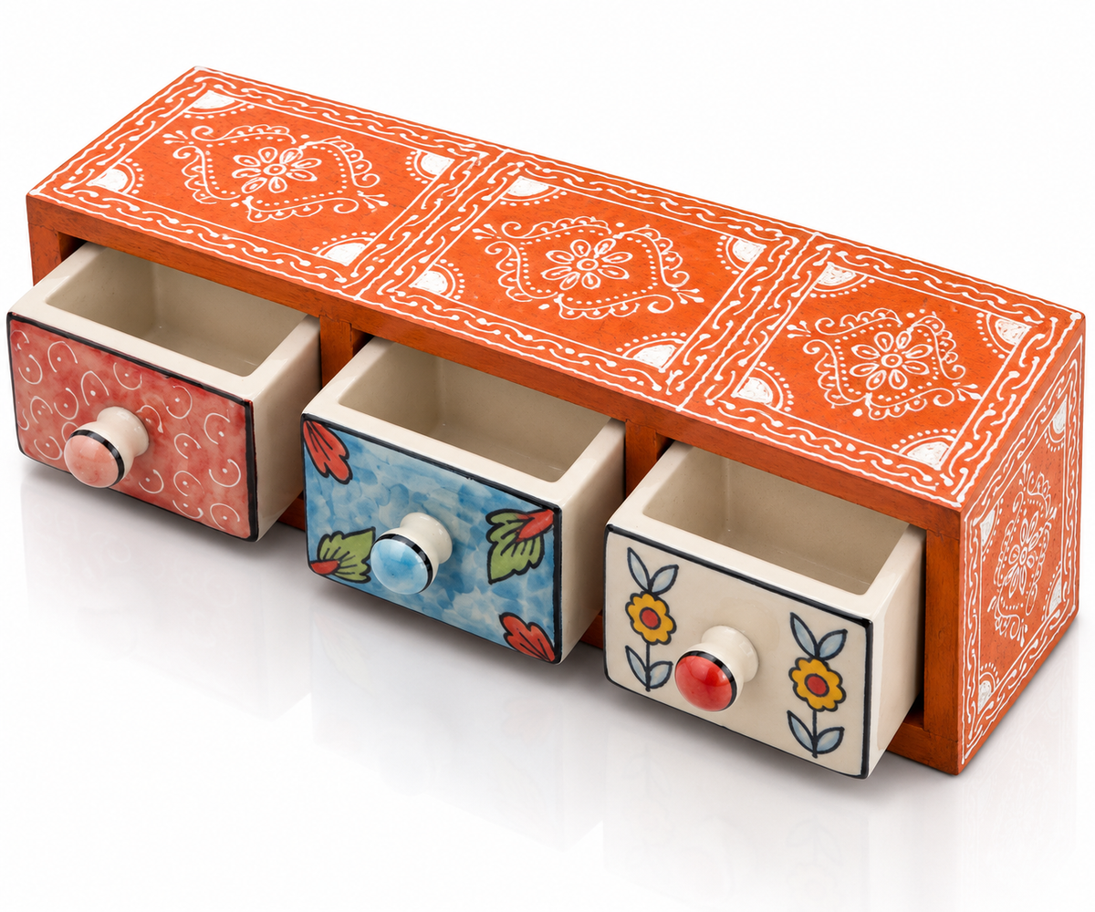 Terracotta boho wooden and ceramic 3-drawer organizer for home decor, featuring ornate design and natural finish by GREEN LIFE WORLD.