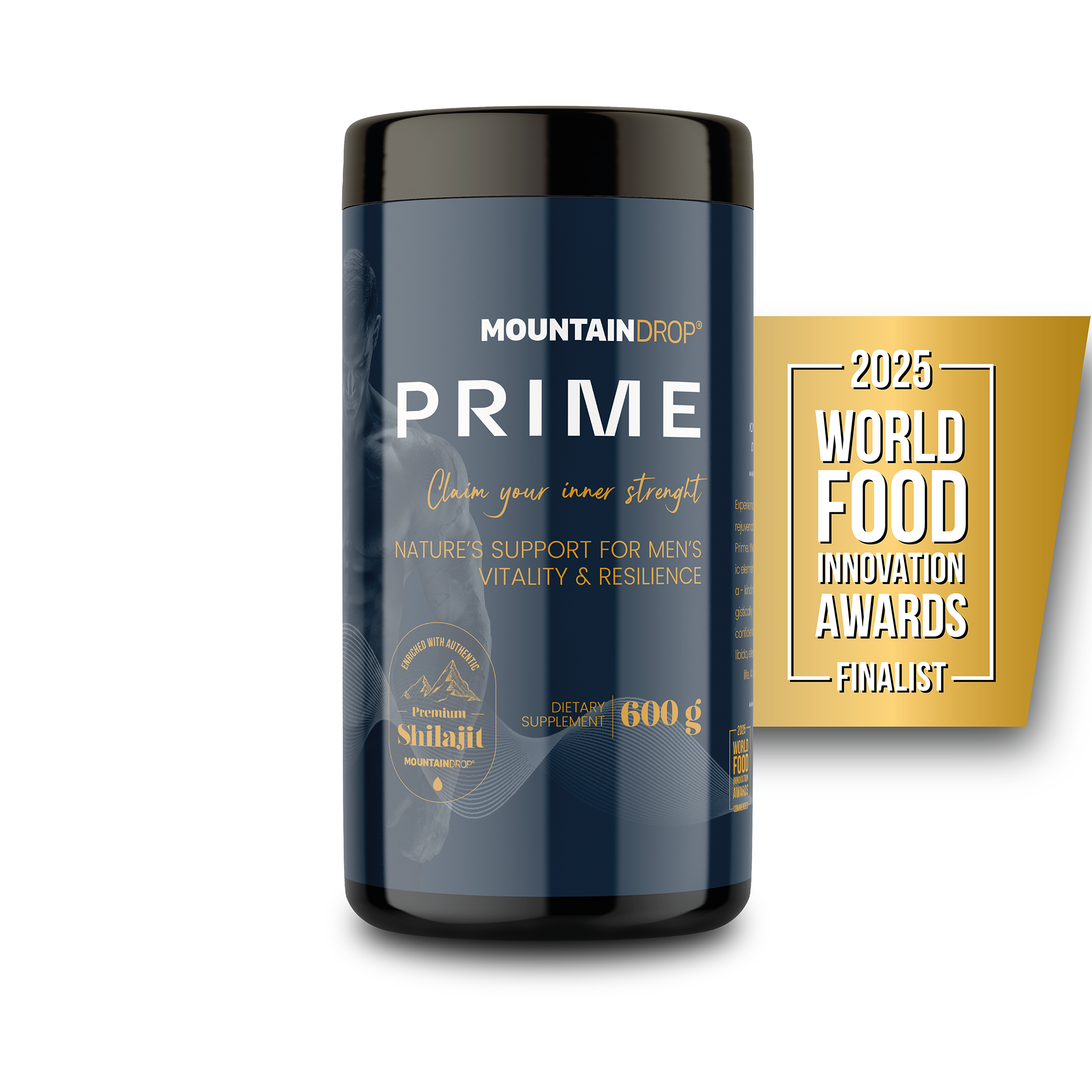 Herbalistas Mountaindrop Prime natural testosterone booster supplement in a 600g container, featuring a white label with award emblem.