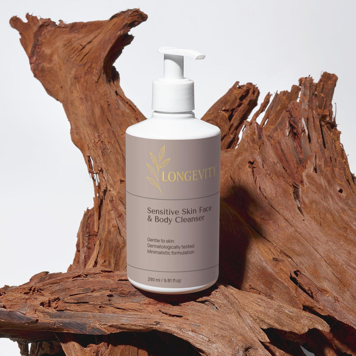 SELNAMED Longevity Sensitive Skin Face and Body Cleanser in a 290ml bottle, with a Redwood-themed label, suitable for gentle cleansing.