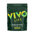Large Vivo Life PERFORM Raw Plant Protein & BCAA powder in banana cinnamon flavor, showing the resealable bag and scoop.