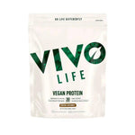 Vivo Life plant-based protein powder with coconut flavor, 30 servings, showing the protein powder container and natural ingredients.