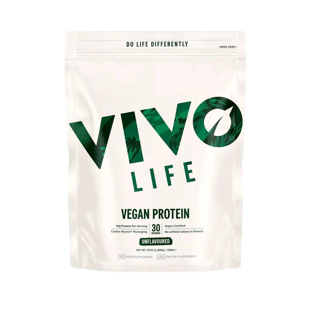 Vivo Life plant-based protein powder with 30 servings, unflavored vegan protein powder in a resealable bag.
