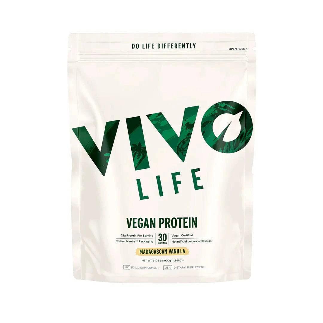 Vivo Life vanilla plant-based protein powder in a resealable bag, 30 servings, gluten-free and vegan-friendly.