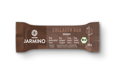Jarmino Organic Collagen Bar in Chocolate Brownie flavor, a 55g high-protein snack with visible chocolate chunks and brownie texture.