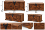 Set of 2 rustic Shisham wood storage chests with black metal hardware, traditional wooden trunks for home decor.