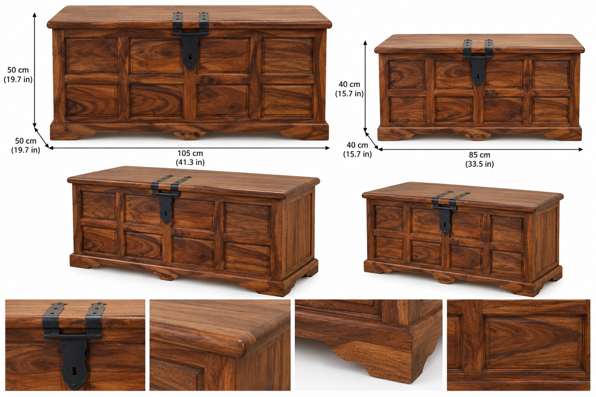 Set of 2 rustic Shisham wood storage chests with black metal hardware, traditional wooden trunks for home decor.