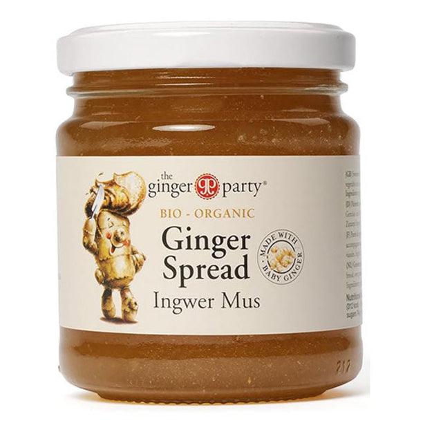 Organic ginger spread by Herbalistas in a 240g jar, showcasing a smooth, spicy ginger spread with fresh ginger pieces visible.