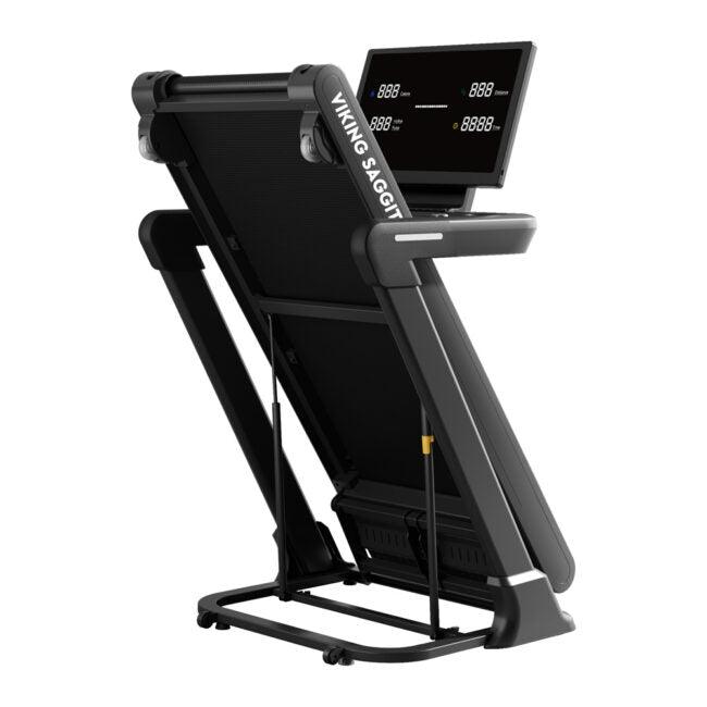 Viking Saggita folding electric treadmill with 3.5HP motor and smart training features, shown folded for compact storage.