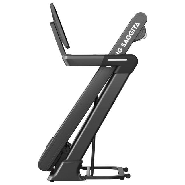 Viking Fitness Saggita folding electric treadmill with smart training features, shown folded in a sleek black design.