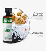 SENTOSA Nutramedix Serrapeptase dietary supplement bottle with label featuring white and blue packaging on a white background