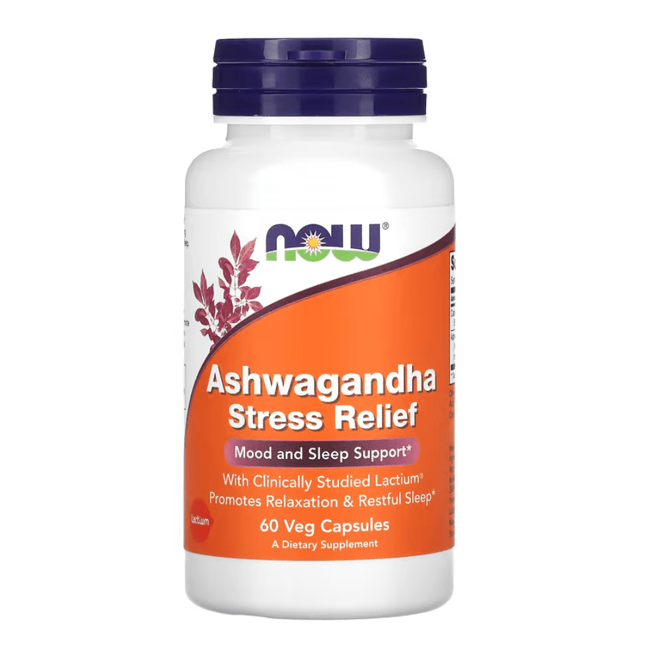 Old Products NOW Foods Ashwagandha Stress Relief supplement bottle with 60 vegetarian capsules on a white background.