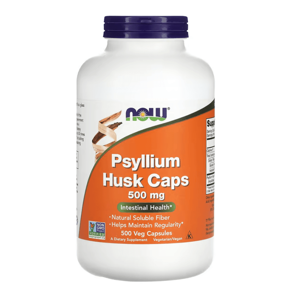 Old Products NOW Foods Psyllium Husk supplement capsules, 500mg, in a bottle with 500 vegetarian capsules.