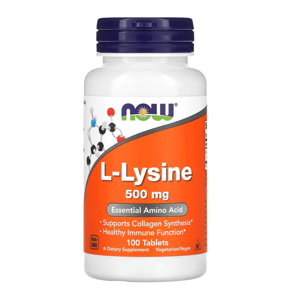 MKSTAVRINOS NOW Foods L-Lysine supplement, 500 mg tablets, showing a bottle of dietary L-Lysine capsules.