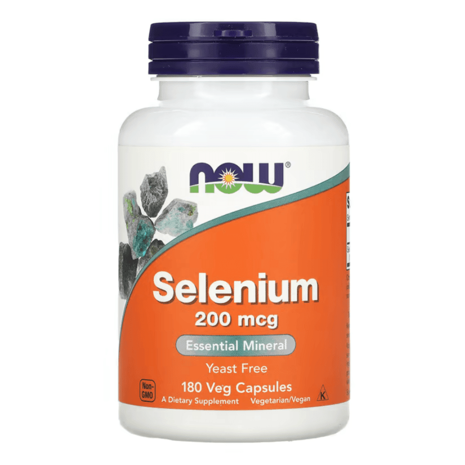 MKSTAVRINOS NOW Foods Selenium supplement capsules, 200 mcg, 180 vegan capsules for supporting immune health.