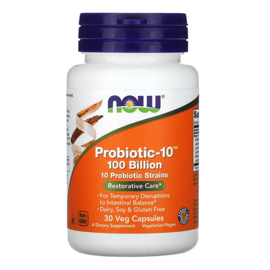 MKSTAVRINOS NOW Foods Probiotic-10 supplement with 100 billion CFUs in 30 vegetarian capsules, supporting digestive health.