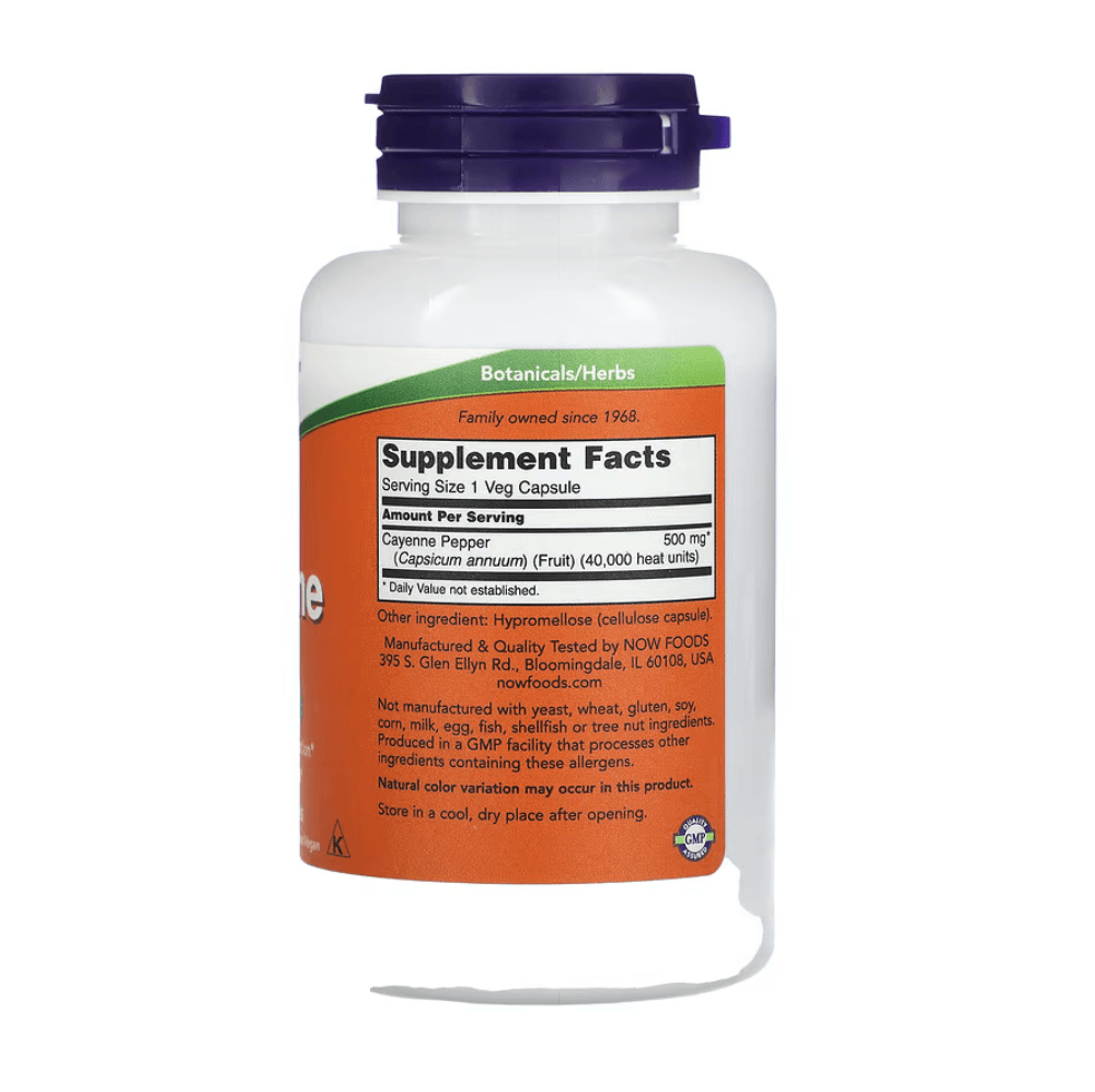 NOW Foods Cayenne supplement in 100 vegetarian capsules, showcasing the product bottle with label details.