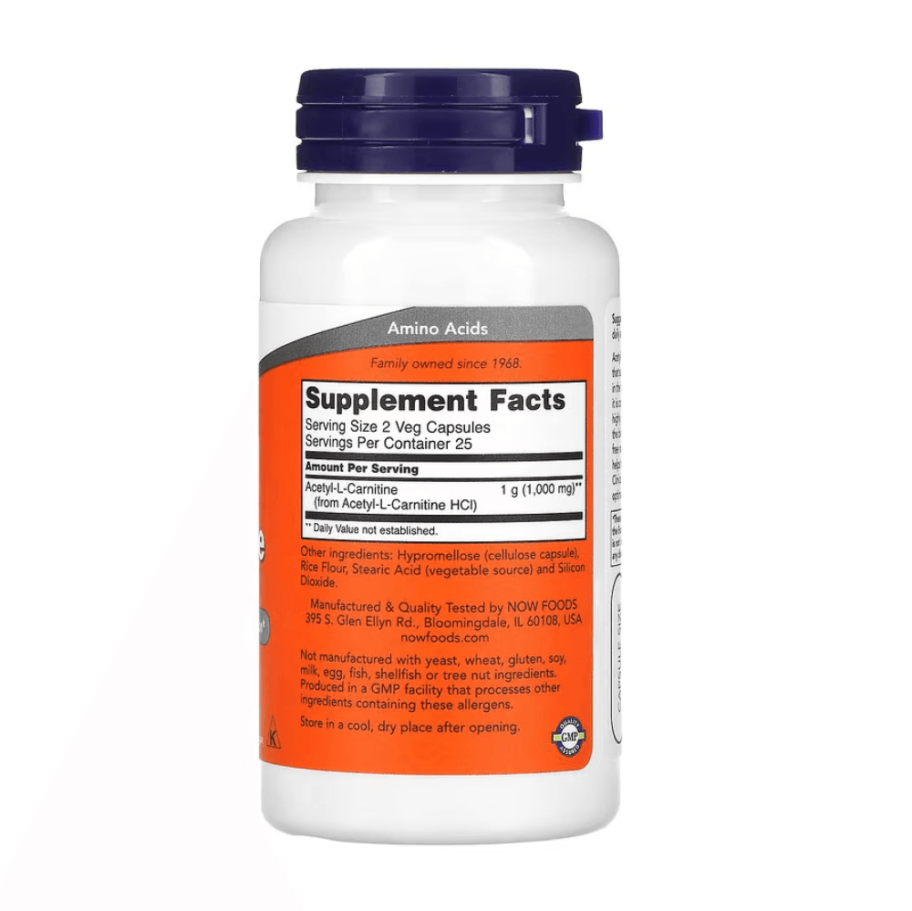 Supplements bottle of NOW Foods Acetyl-L-Carnitine 500 mg veggie capsules, dietary supplement for energy and mental clarity