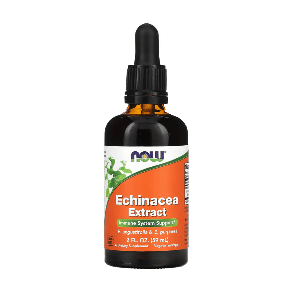 NOW Foods Echinacea Extract supplement in 2 fl oz bottle, natural herbal remedy for immune support.